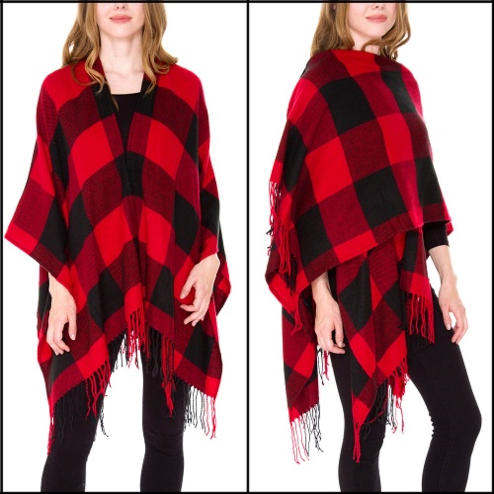 Boho Buffalo Plaid Wrap Ruana Poncho | Red & Black